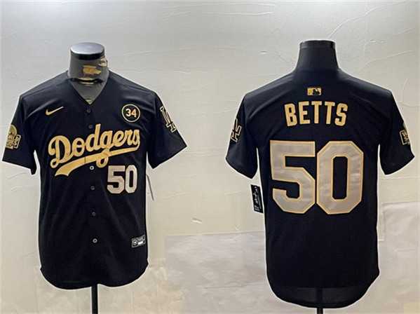 Men%27s Los Angeles Dodgers #50 Mookie Betts Black Gold 2024 World Series With No. 34 Patch Limited Stitched Jersey->los angeles dodgers->MLB Jersey